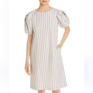 Lafayette 148 Womens Hattie Dress Puff Sleeves Pockets Neutral Trendy Chemise L